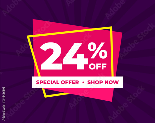 24% off, twenty four percent, special offer, shop now. Background Label. Purple and pink. Discount special offer. Modern concept design. Vector illustration.