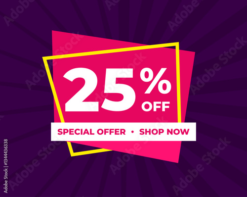 25% off, twenty five percent, special offer, shop now. Background Label. Purple and pink. Discount special offer. Modern concept design. Vector illustration.