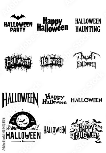 Compilation of 12 Halloween silhouette text font in vector eps format file on white background, some have bat and pumpkin shapes, eps file is labelled