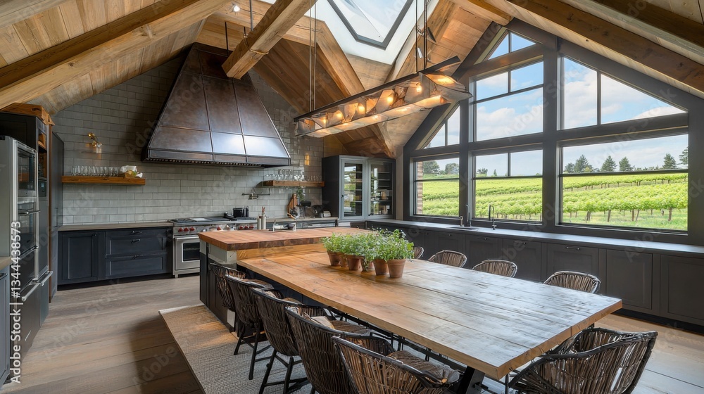 Obraz premium Modern rustic attic loft kitchen, gray brown walls, oversized wooden dining table, industrial range hood, cast iron details, skylight vineyard view