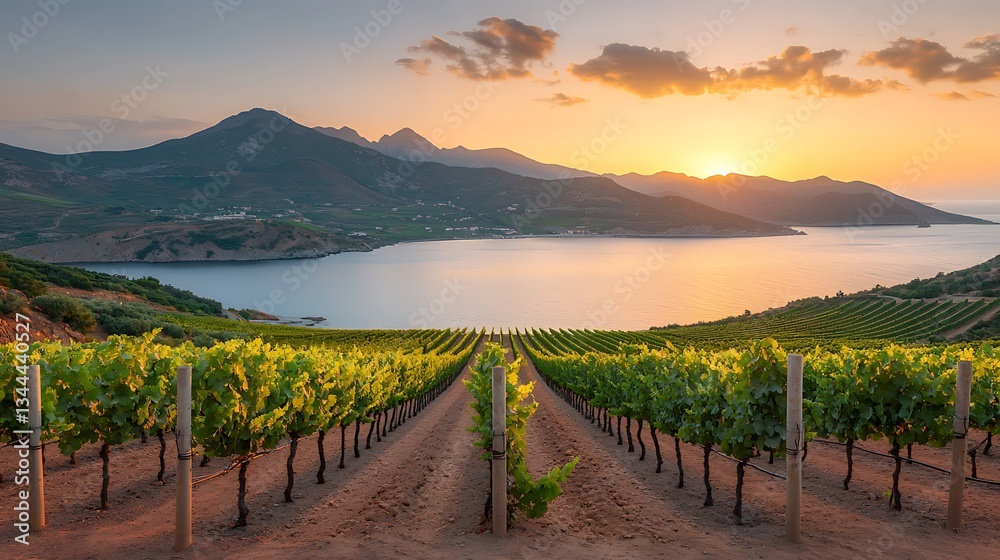 Fototapeta premium Vineyard at sunset overlooking a serene bay and mountains