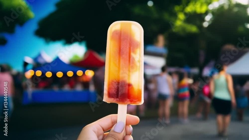 Sweet Summer Treat: Close-up shot of a refreshing popsicle, held in a person's hand, capturing the vibrant colors and textures, offering a tantalizing glimpse of a lively fairground in the background.