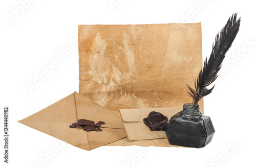 Old paper, envelope, inkwell and pen isolated on white background.