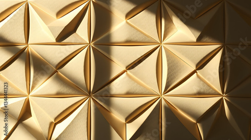 Gold metallic geometric pattern with repeating triangular shapes and intricate design.