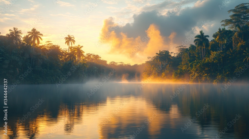 Fototapeta premium Sunrise over a misty tropical river, reflecting the golden light.