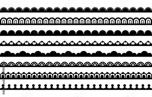 Scallop lace border. Fabric frill edge with pattern. Ribbon braid with ornament. Set of vector elements isolated on white background.