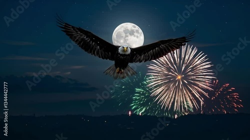 Majestic Eagle's Midnight Flight: An imposing eagle soars gracefully under the luminous full moon, set against a backdrop of dazzling fireworks and a twilight sky.