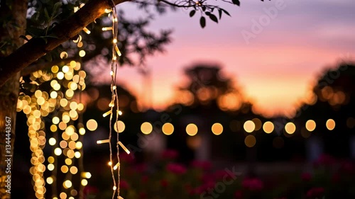 Twilight Serenade: A string of warm, inviting lights illuminates a tree, with the bokeh effect creating a mesmerizing backdrop of a soft sunset sky, creating a romantic and serene atmosphere.