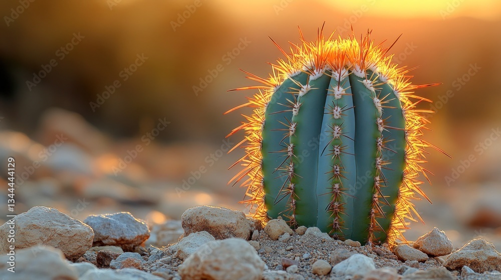Naklejka premium Golden hour sunlight illuminates a single cactus plant in a desert landscape.