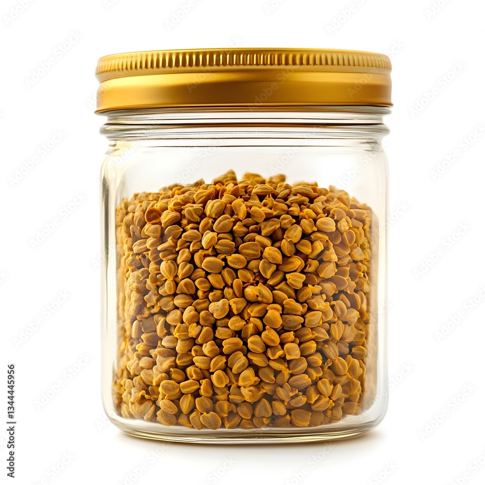 fenugreek seeds in a glass jar isolated on white background fenugreek seeds in a glass jar isolated on white background