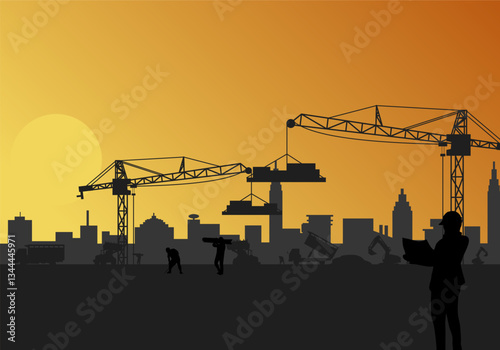 Vector illustration of panoramic landscape of city silhouette, construction, workers working.