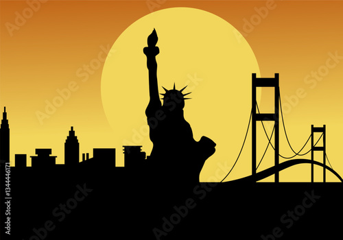 Silhouette of Golden Gate Bridge and Statue of Liberty at Sunset