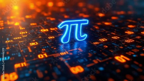 Pi Symbol in Digital World: A glowing pi symbol shines amidst an abstract, tech-inspired background, representing mathematical concepts and data processing