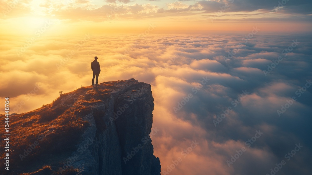 Silhouette Person Standing on Cliff Edge Above Clouds at Golden Hour Silhouette Person Standing on Cliff Edge Above Clouds at Golden Hour