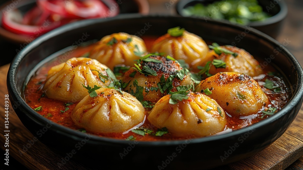 Delicious dumplings served in a rich sauce, garnished with herbs, with sides Delicious dumplings served in a rich sauce, garnished with herbs, with sides
