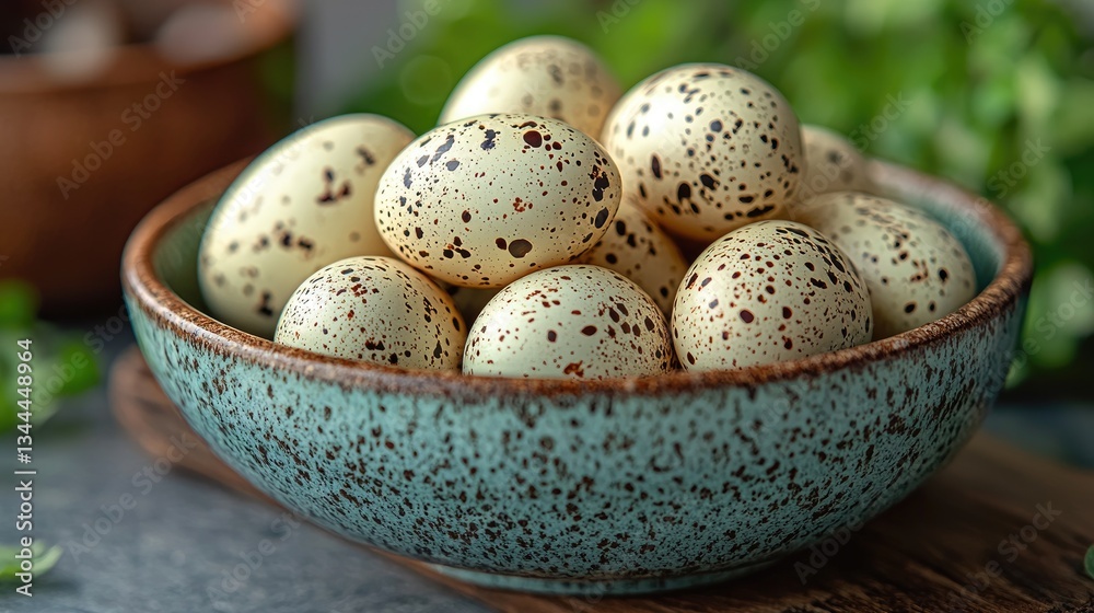 Close-up of speckled quail eggs in a rustic bowl surrounded by greenery Close-up of speckled quail eggs in a rustic bowl surrounded by greenery