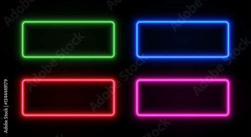 Neon glow rectangle frame. Border with laser led light. Vector set of fluorescent templates for game design.
