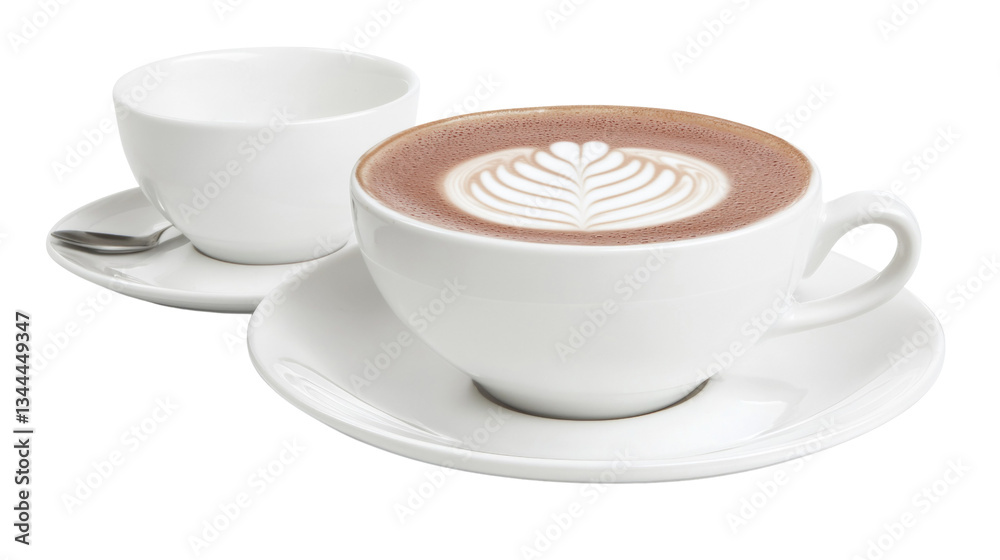 Obraz premium Hot Beverage in Elegant White Cup with Beautiful Latte Art Served with Empty Cup and Saucer
