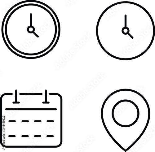Time, date and place of editable icons on a flat vector illustration, white background.