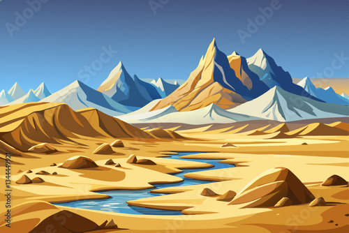 hot sandy desert landscape with mountains and beautiful sky at summer time cartoon vector