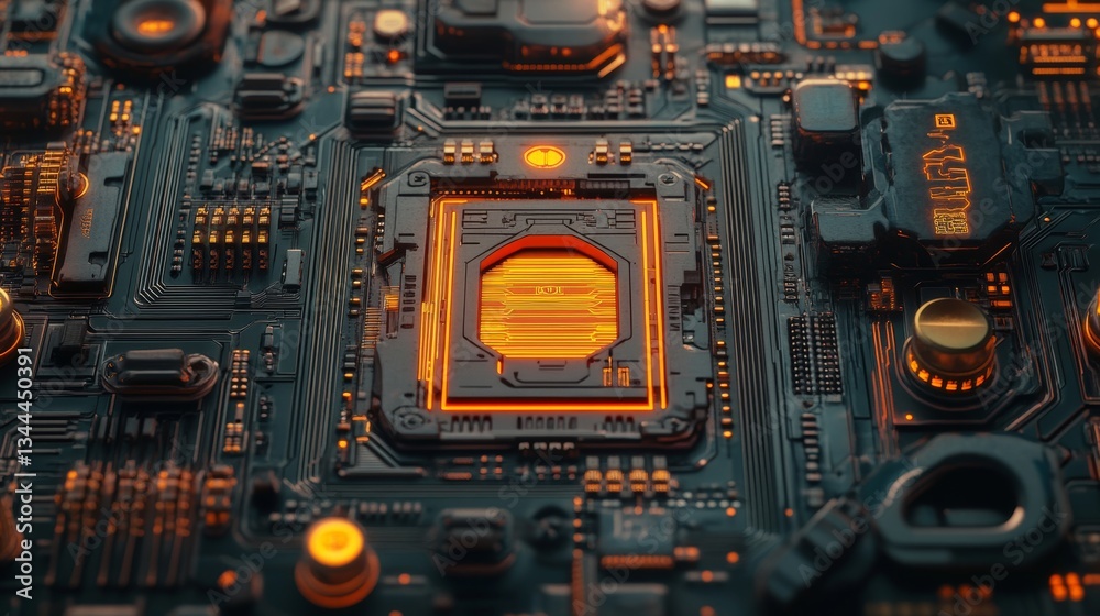 Fototapeta premium The Entertainment Technology Concept is illustrated as a 3D render featuring a microchip with a movie symbol, with vibrant orange neon data exchanging between the CPU and the user on a futuristic