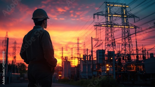 Individual standing confidently in front of high voltage power lines against a clear blue sky symbolizing energy infrastructure