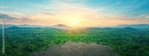Deforestation Impact on Lush Green Landscape under Dawn Light