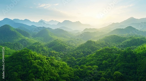 Serene Green Mountains Under a Bright Sky during Golden Hour