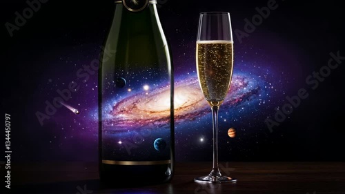 Cosmic Celebration: A champagne bottle with a mesmerizing galaxy design stands beside a glass of sparkling bubbly, with the night sky as background, symbolizing an out-of-this-world celebration.
