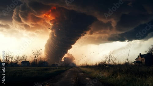 Apocalyptic Skies: A colossal tornado descends upon a desolate rural landscape, its ominous presence dominating the expansive sky above an eerie, deserted environment.