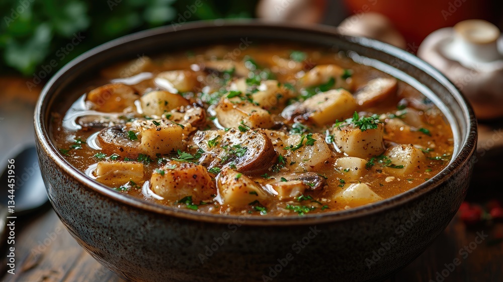 Hearty mushroom and potato soup in a rustic bowl with herbs and spices Hearty mushroom and potato soup in a rustic bowl with herbs and spices