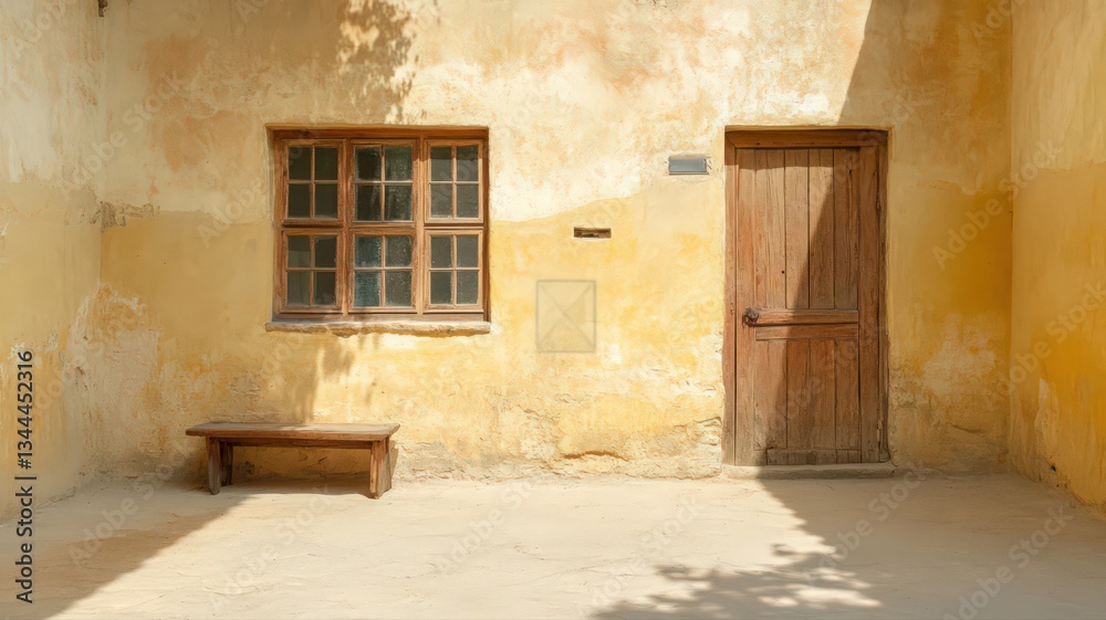 Fototapeta premium Rustic Courtyard with Weathered Yellow Walls Wooden Door and Bench