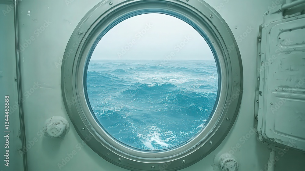 Stormy Sea View Through Ship Porthole: Turquoise Waves and White Foam Stormy Sea View Through Ship Porthole: Turquoise Waves and White Foam