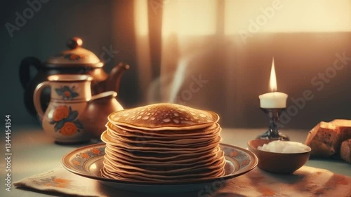Breakfast Delight: A stack of golden pancakes on a vintage plate, steaming invitingly on a table setting, along with a lit candle and tea set, creating a cozy and inviting atmosphere.