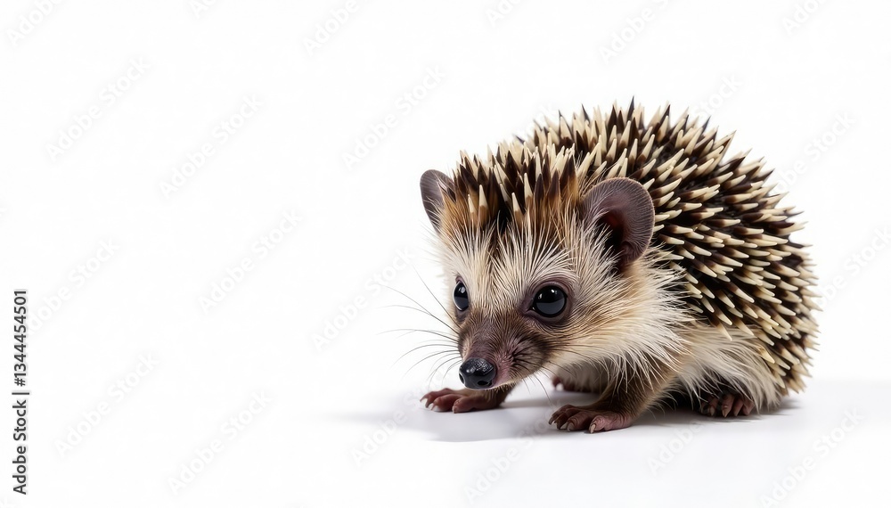 Obraz premium Tiny hedgehog, curled in defensive posture, on pure white background, prickles, pattern, domestic
