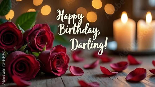 Happy Birthday Darling: A romantic and elegant birthday celebration image. Features red roses, candles, and rose petals. Perfect for expressing love and warm wishes.