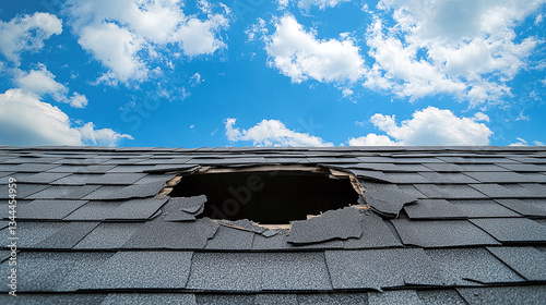 Roof Damage: A gaping hole reveals structural damage in a gray shingle roof against a vibrant blue sky. The image conveys a sense of urgency and the need for repair