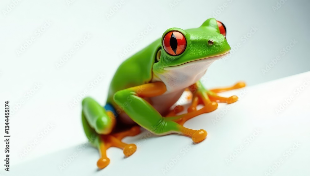Obraz premium Green tree frog perched on white, vibrant skin, nature, amphibian