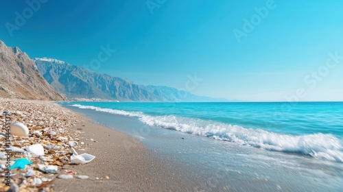 Tranquil Beach Scene with Blue Water and Mountainous Background
