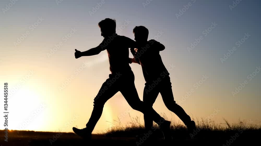 Silhouette of two friends playing and running on the field Friendship Day concept Silhouette of two friends playing and running on the field Friendship Day concept