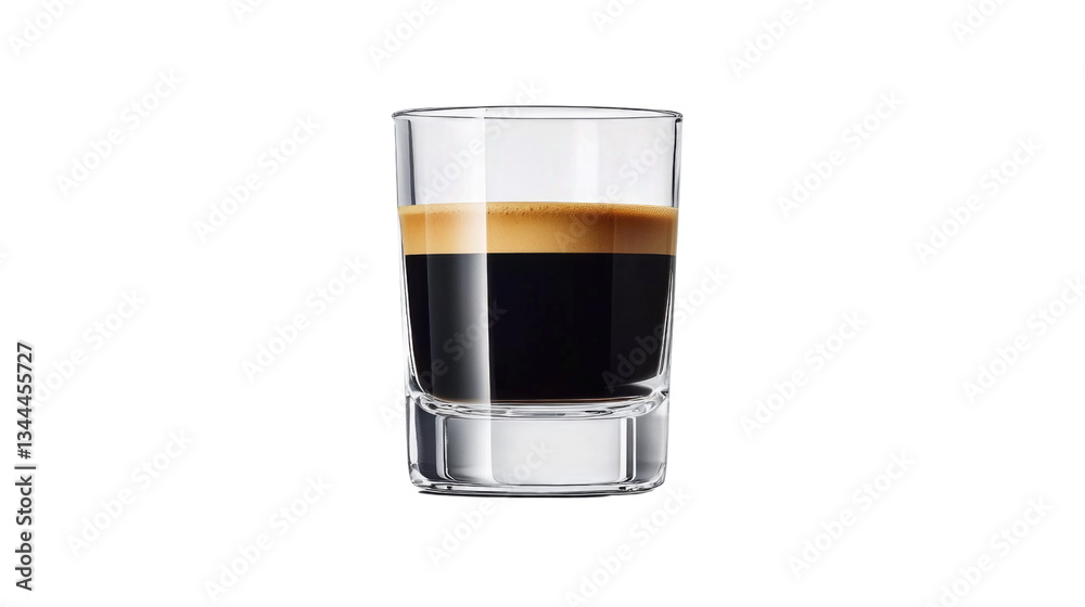 Rich Espresso Shot Served in Clear Glass with Creamy Foam Layer Above Dark Coffee Base Rich Espresso Shot Served in Clear Glass with Creamy Foam Layer Above Dark Coffee Base
