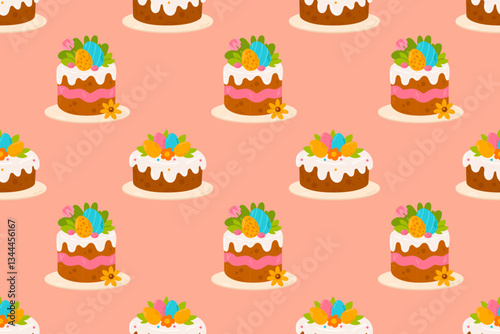 A seamless pattern with Easter cakes decorated with icing, candy eggs, and festive flowers on a soft pink background. Great for seasonal packaging, greeting cards, and decorative fabrics.