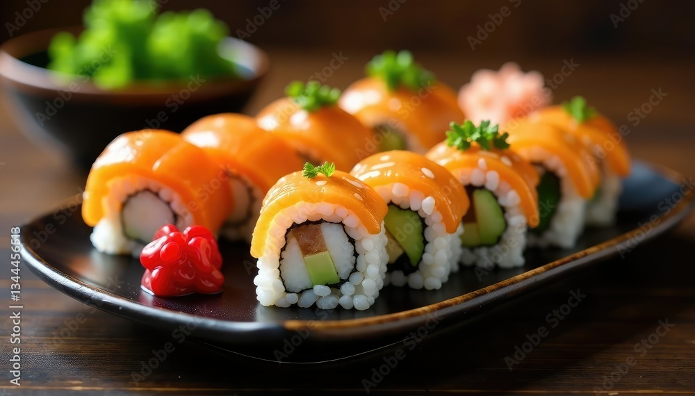Sushi platter, various rolls, elegant presentation, rolls, white Sushi platter, various rolls, elegant presentation, rolls, white
