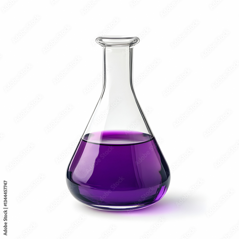 Flask with purple liquid, chemical laboratory flask isolated on white background glass flask Flask with purple liquid, chemical laboratory flask isolated on white background glass flask