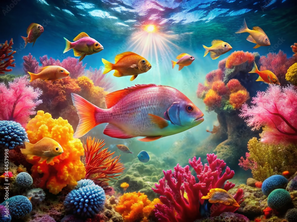 Fototapeta premium Underwater Double Exposure: Barred Pargo Fish & Coral Reef