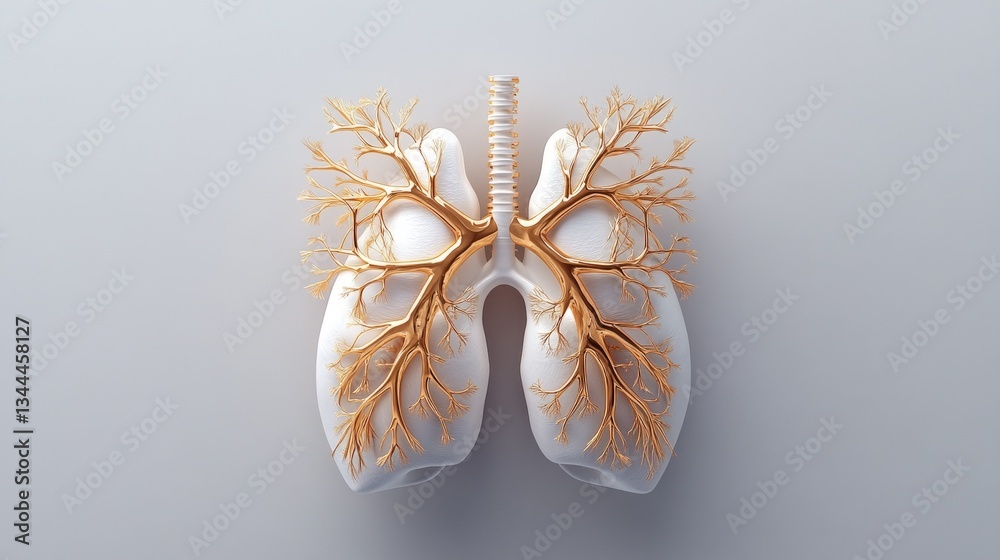 Naklejka premium Lungs: Breath of Life. Golden bronchial network against white backdrop.