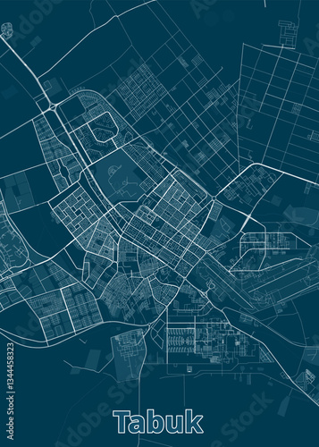 A detailed map of Tabuk city, Saudi Arabia, rendered in a minimalist style. The map features a dark teal background with white lines representing streets, roads, and other urban features.