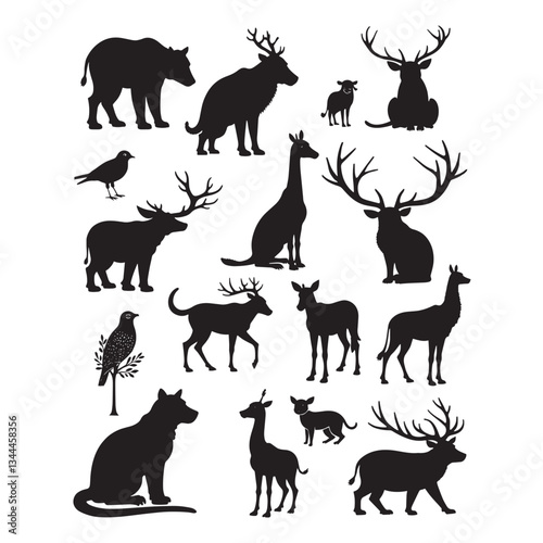 This image showcases a mix of wild animals, including bears, deer, and birds, silhouetted against a light background. It brings out the essence of diverse wildlife coexisting in harmony