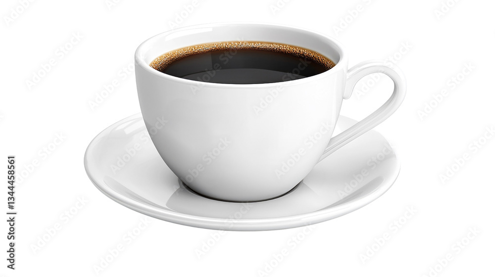 Freshly Brewed Black Coffee in Elegant White Cup on Saucer Isolated on White Background Freshly Brewed Black Coffee in Elegant White Cup on Saucer Isolated on White Background