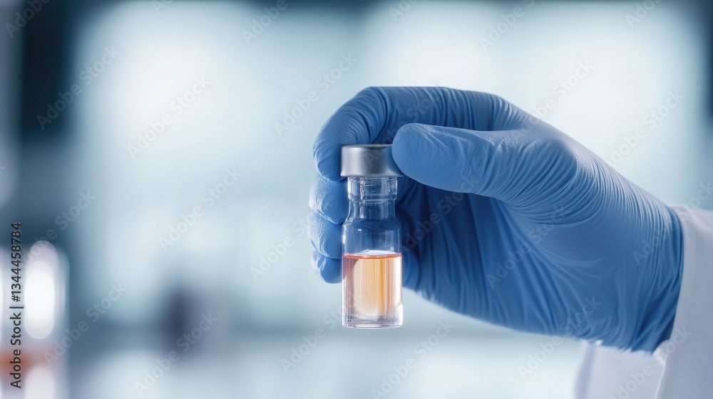 close-up of scientist hand wearing blue latex glove as it carefully holds small glass vial of liquid against blurred close-up of scientist hand wearing blue latex glove as it carefully holds small glass vial of liquid against blurred